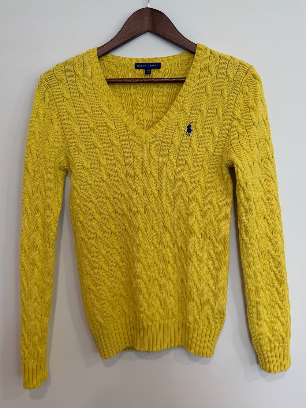 Ralph Lauren Yellow Cable Knit V-Neck Sweater Medium 100% Cotton Pony